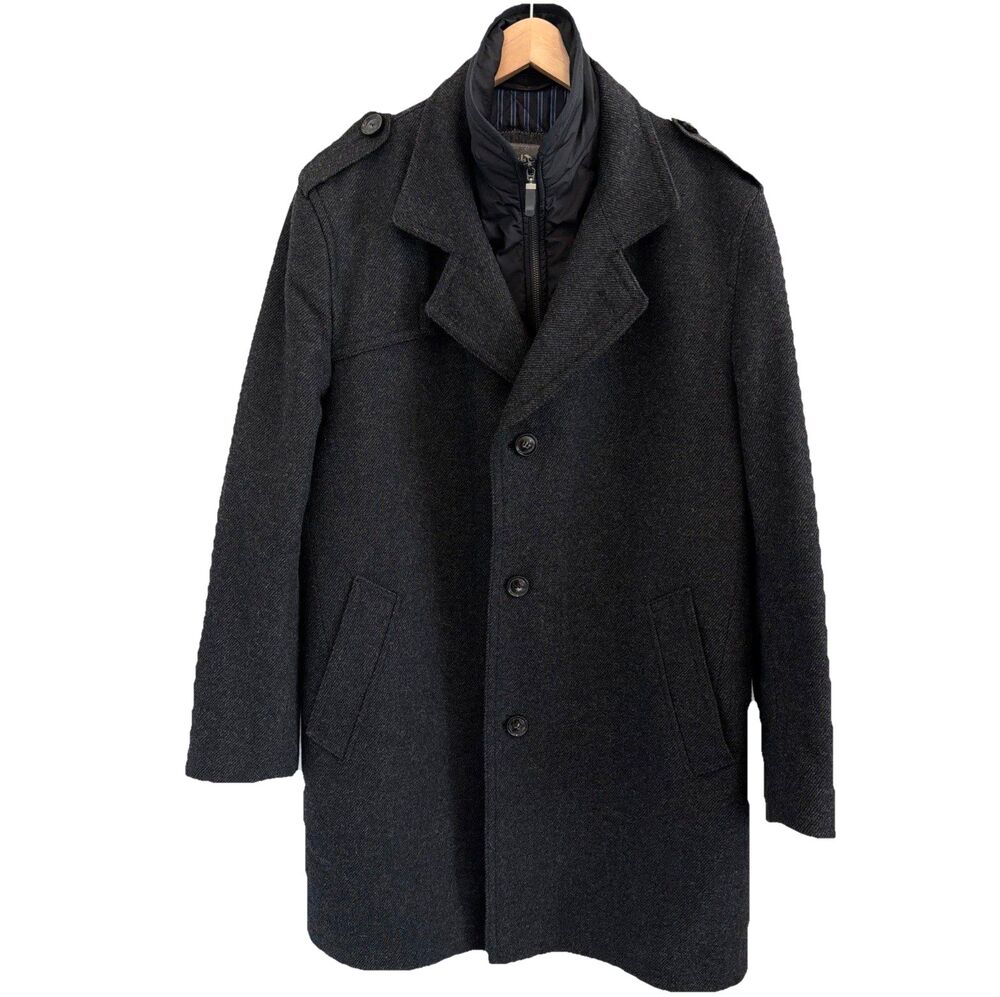 Bugatti Mens US 44 EU 54 XL Wool Classic Coat Grey Black Overcoat Peacoat Sharp